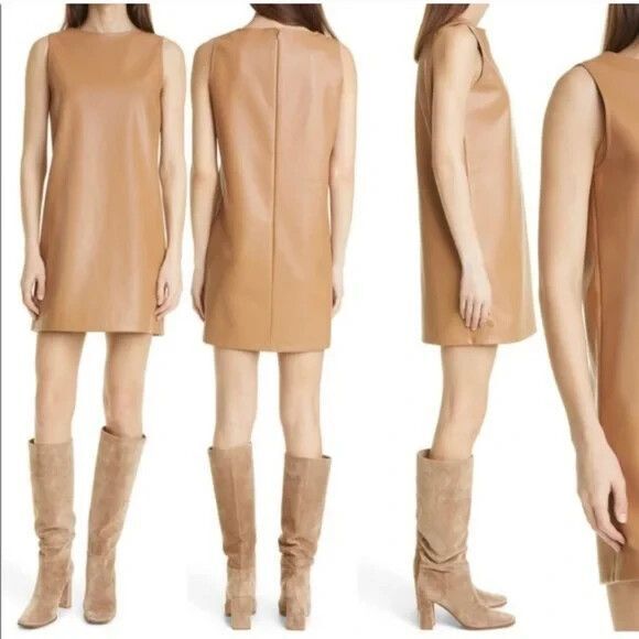 NWOT~Women's THEORY Tan Faux Leather Mod Sleeveless Shift Dress 6 - Picture 1 of 11